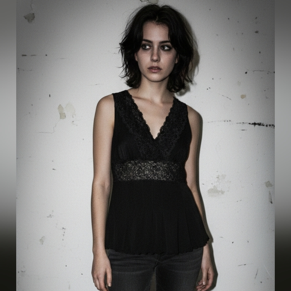 Vintage Black Y2K Tank Babydoll Lace Mesh Goth Fairy Pleated Hippie Festival M
